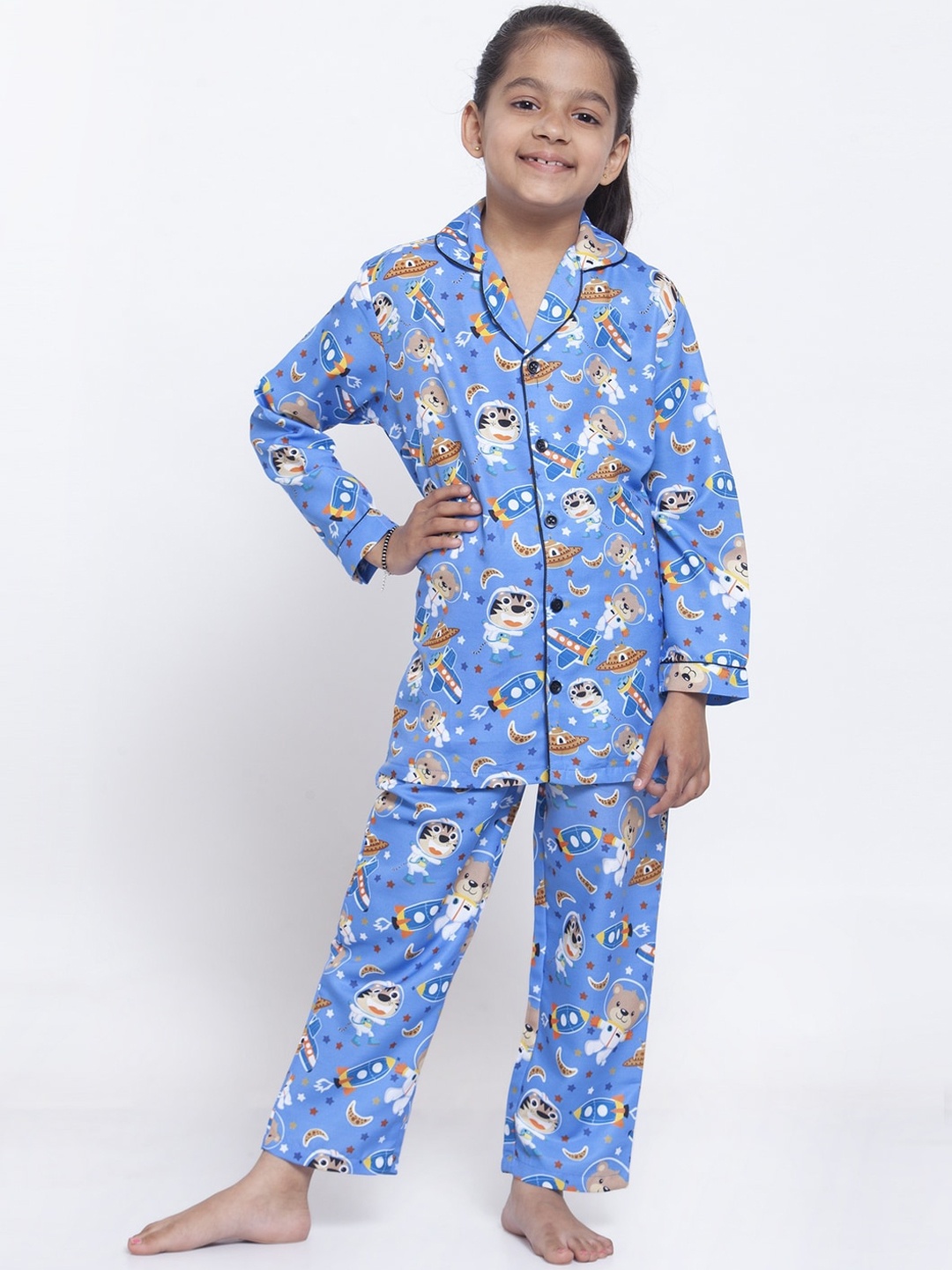 

MAXENCE Girls Blue & White Printed Night Suit