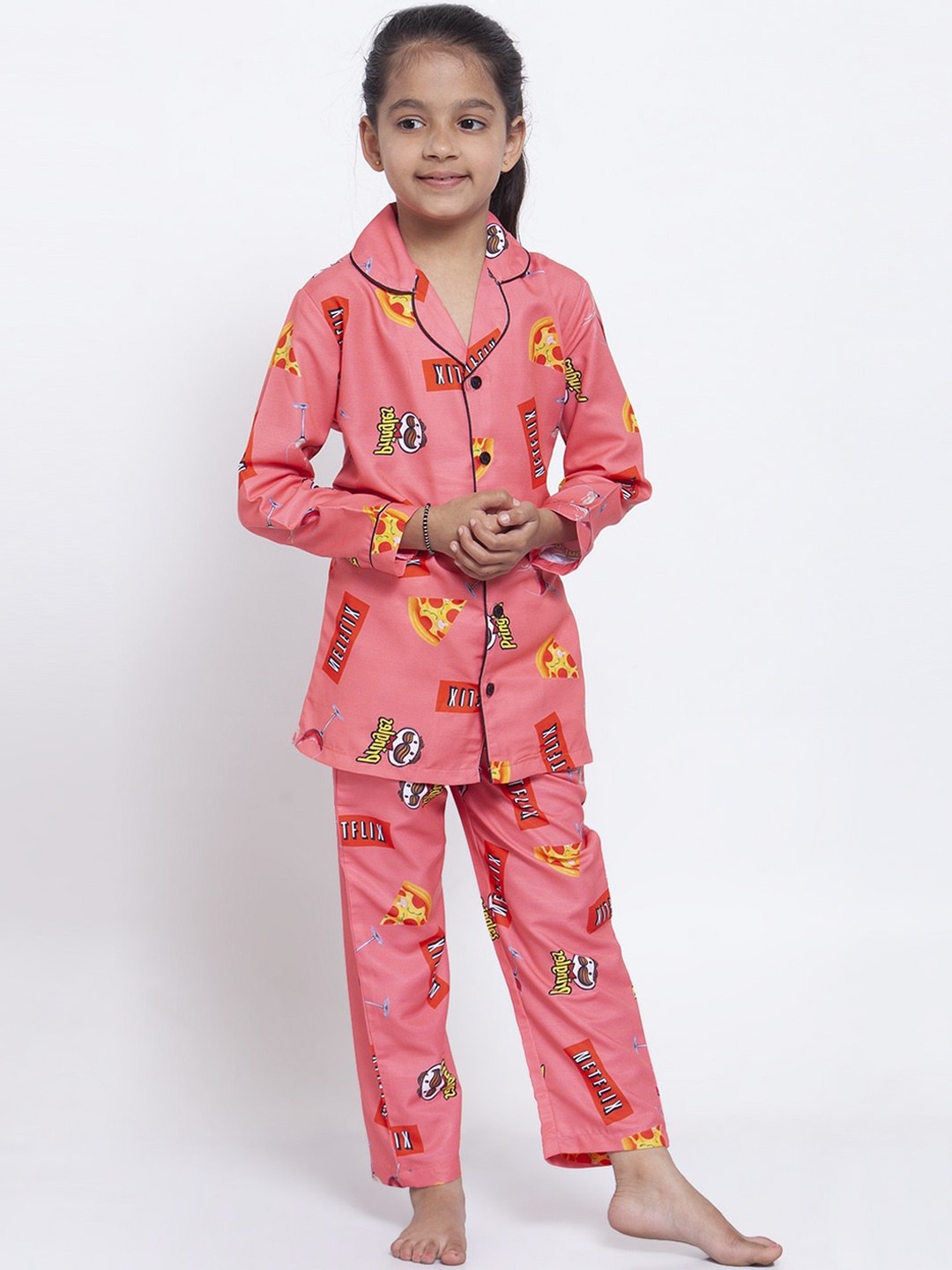 

MAXENCE Girls Pink & Yellow Printed Night Suit