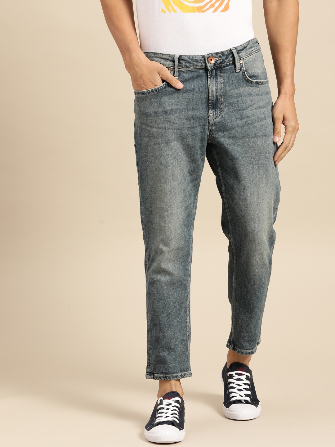 

United Colors of Benetton Men Blue Regular Fit Clean Look Cropped Stretchable Jeans