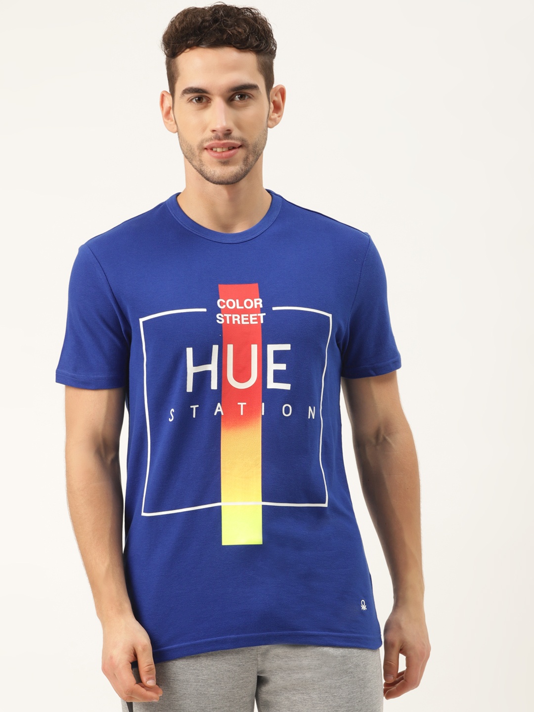 

United Colors of Benetton Men Blue Printed Round Neck Pure Cotton T-shirt