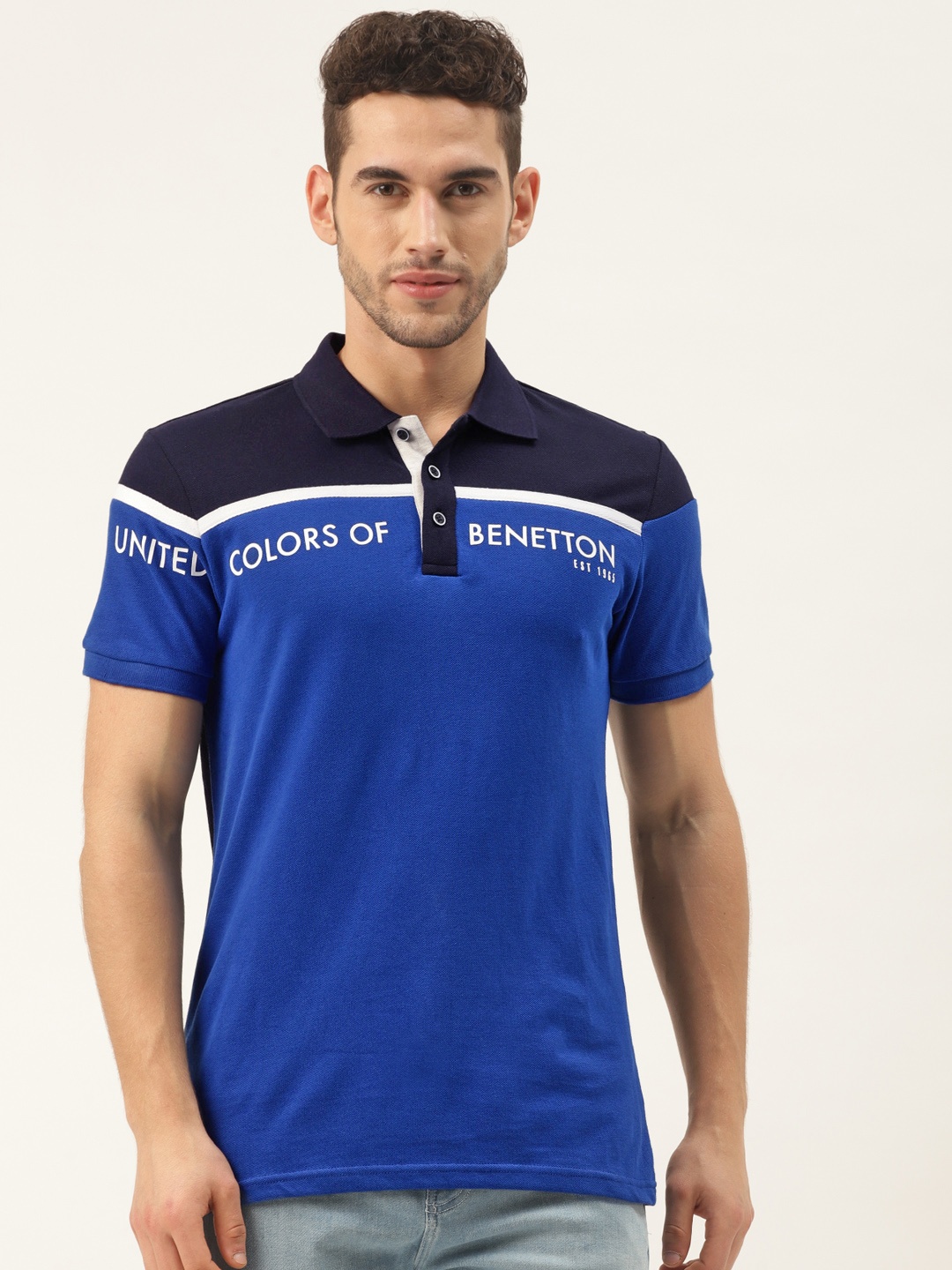 

United Colors of Benetton Men Blue Colourblocked Pure Cotton Polo Collar T-shirt