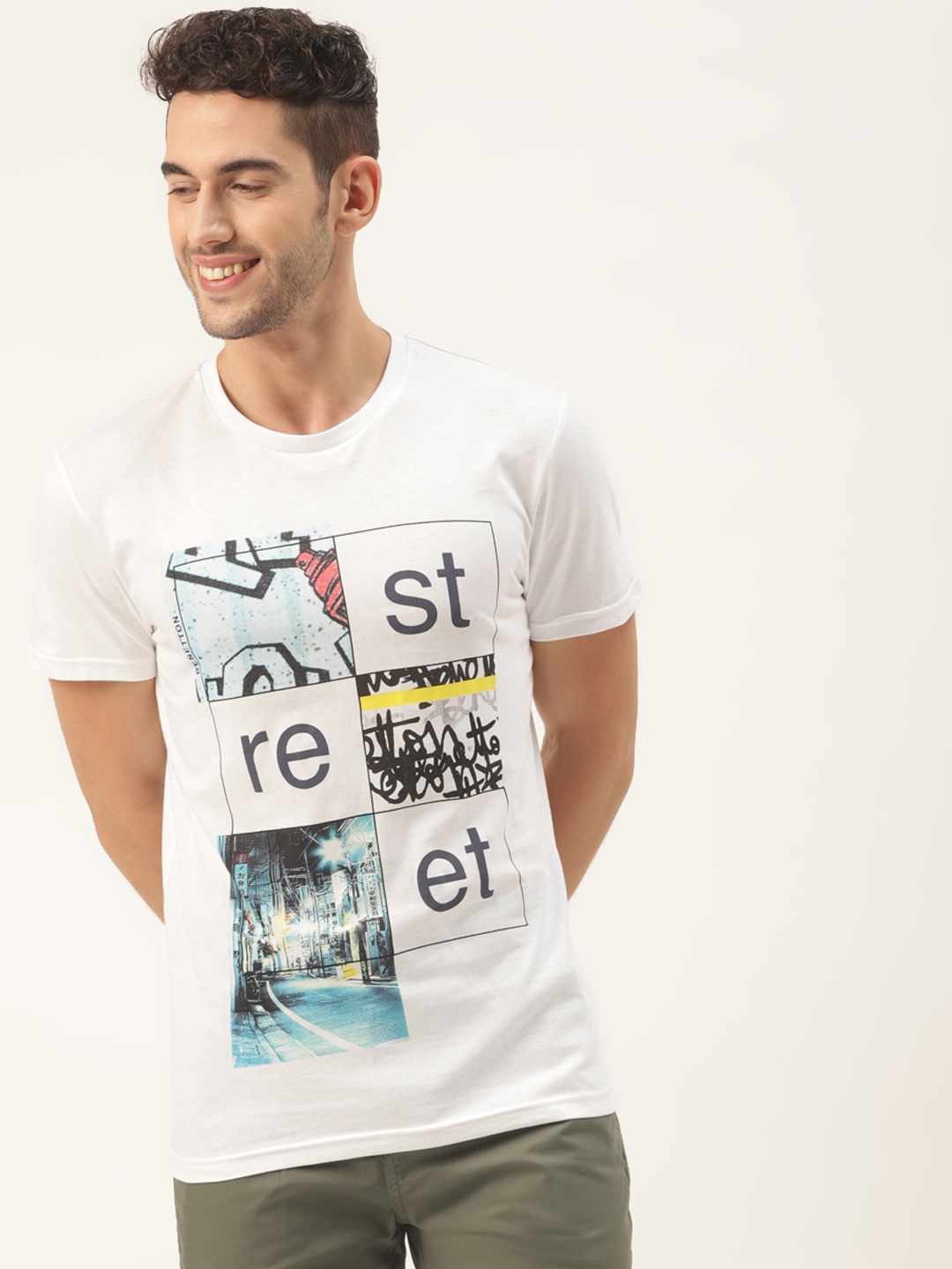 United Colors of Benetton Men White Printed Round Neck Pure Cotton T-shirt