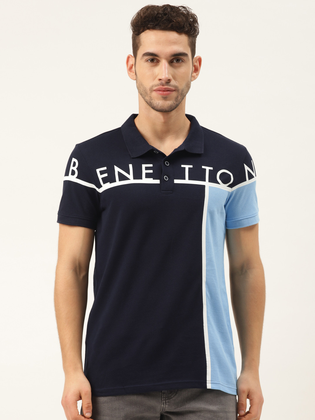 

United Colors of Benetton Men Blue Colourblocked Pure Cotton Polo Collar T-shirt