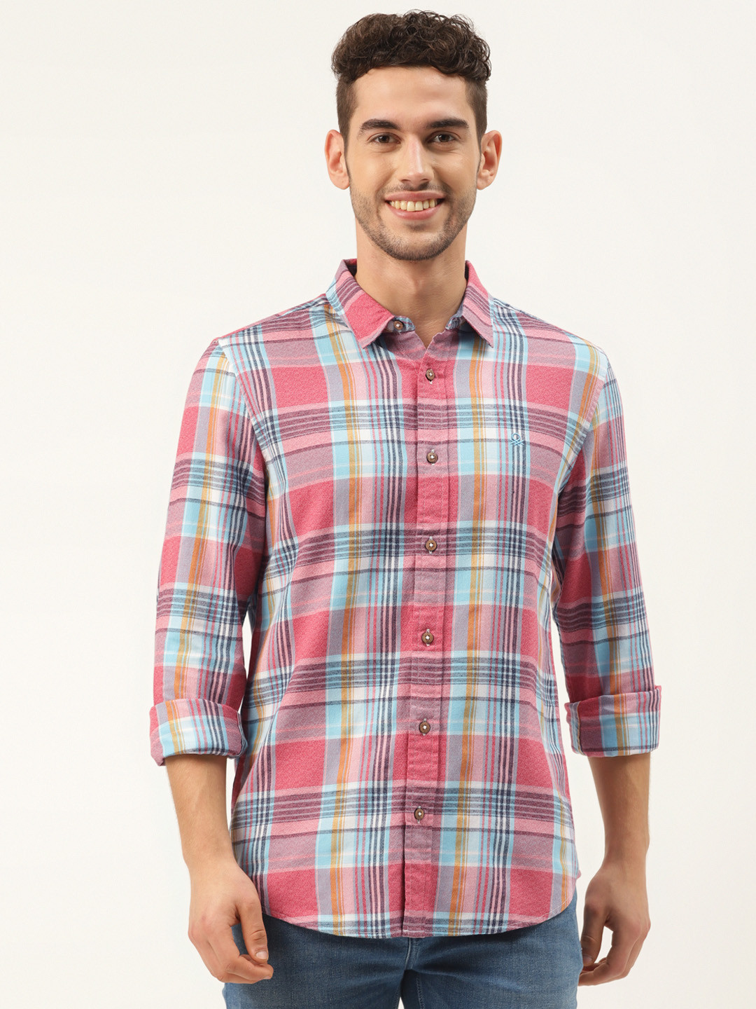 

United Colors of Benetton Men Pink & Blue Pure Cotton Slim Fit Checked Casual Shirt