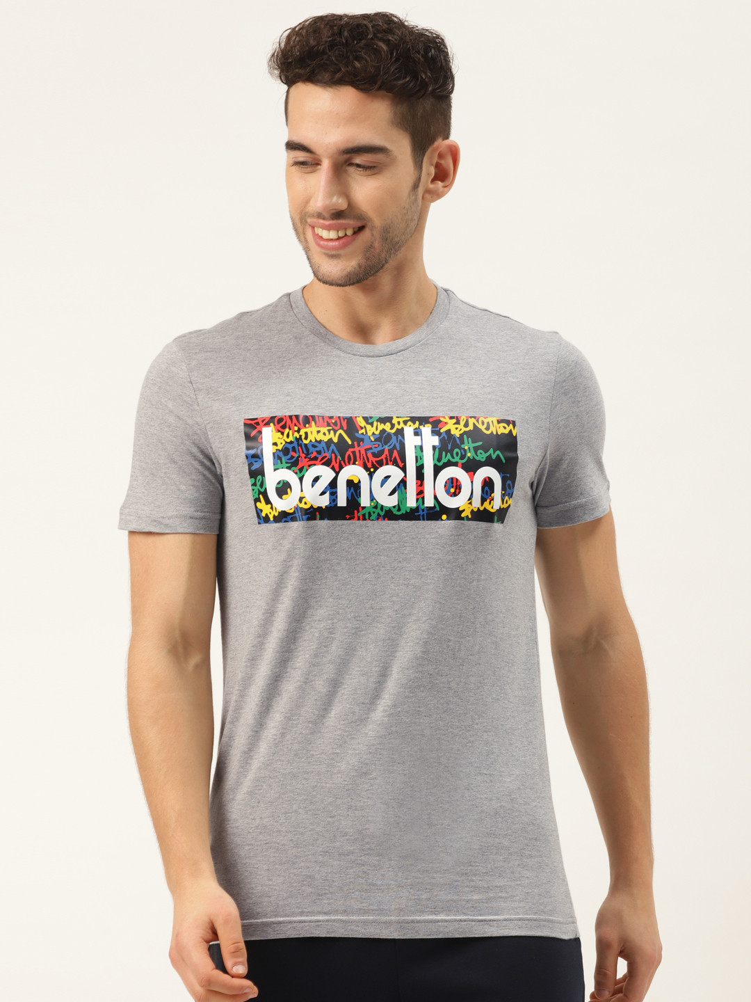 

United Colors of Benetton Men Grey Melange Printed Round Neck Pure Cotton T-shirt