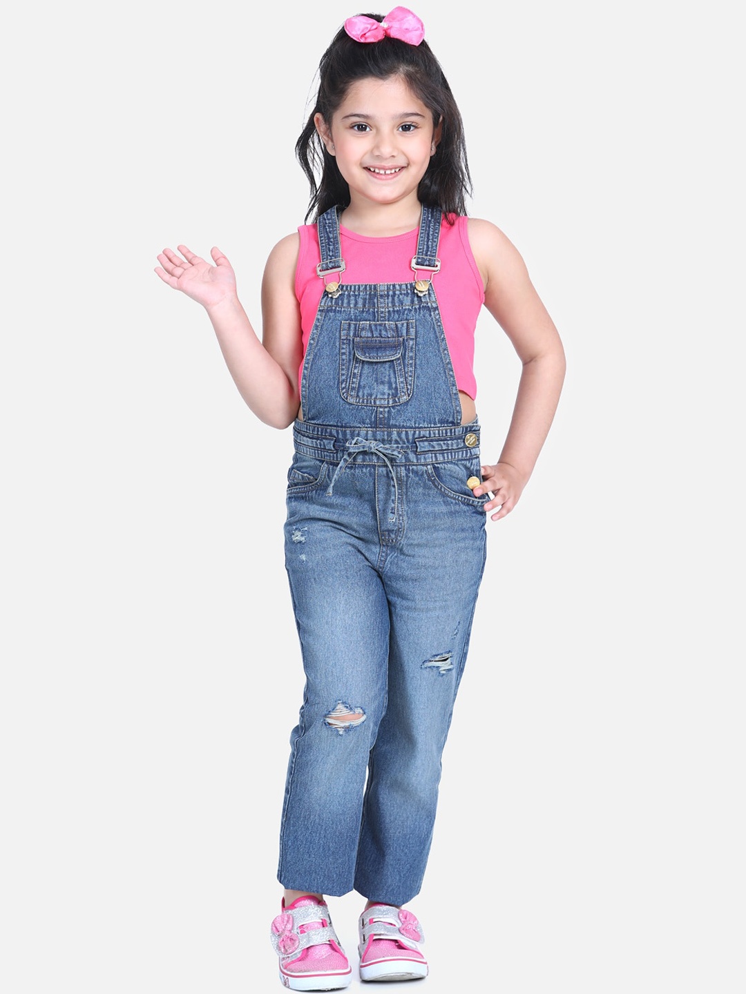 

Naughty Ninos Girls Blue Washed Straight-Leg Distressed Cotton Denim Dungarees