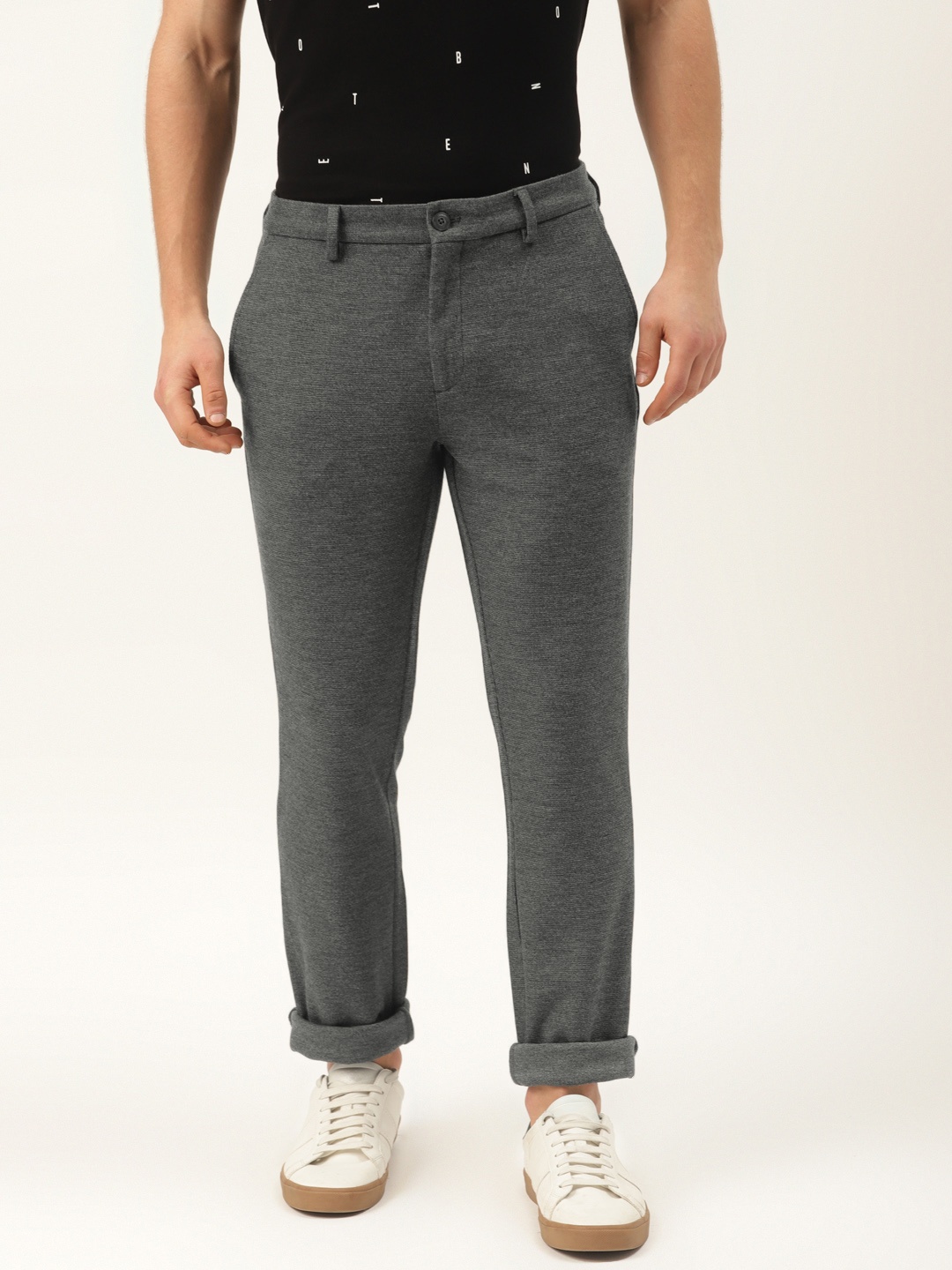 

United Colors of Benetton Men Charcoal Grey Slim Fit Micro Patterned Trousers