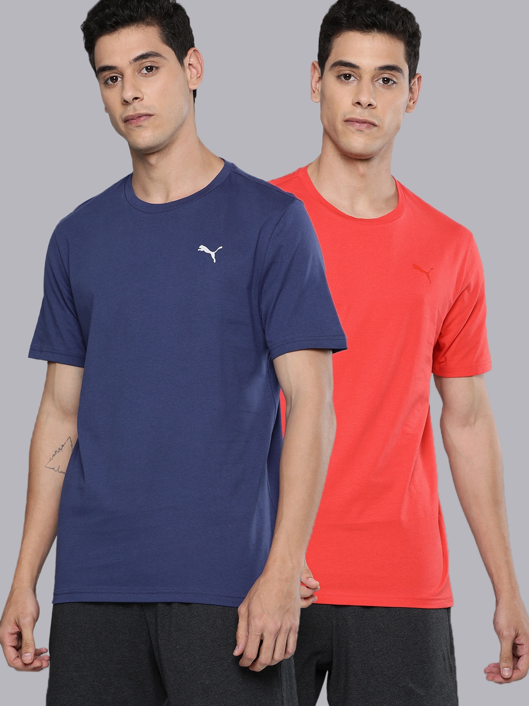 

Puma Men Navy Blue & Coral Pack of 2 Solid Pure Cotton Crew Lounge T-shirts