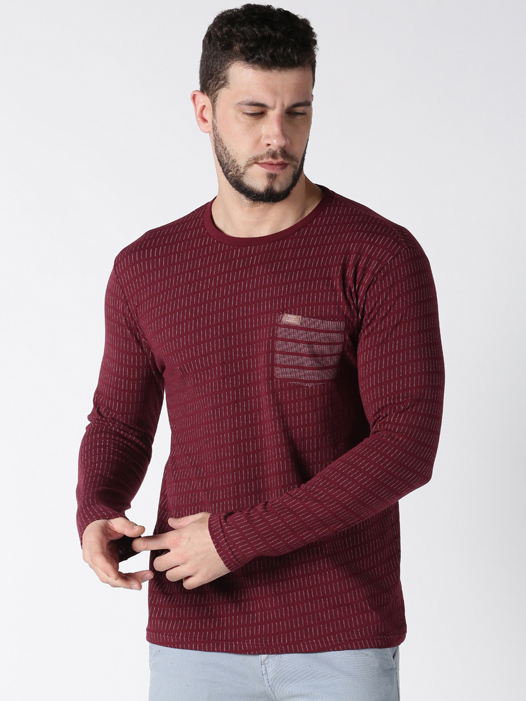 

UrGear Men Maroon Self Design Round Neck Pure Cotton T-shirt