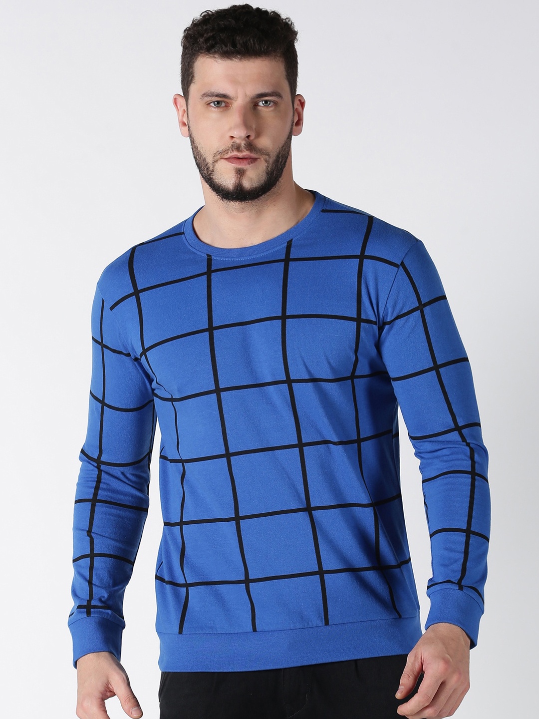

UrGear Men Blue Checked Round Neck Pure Cotton T-shirt