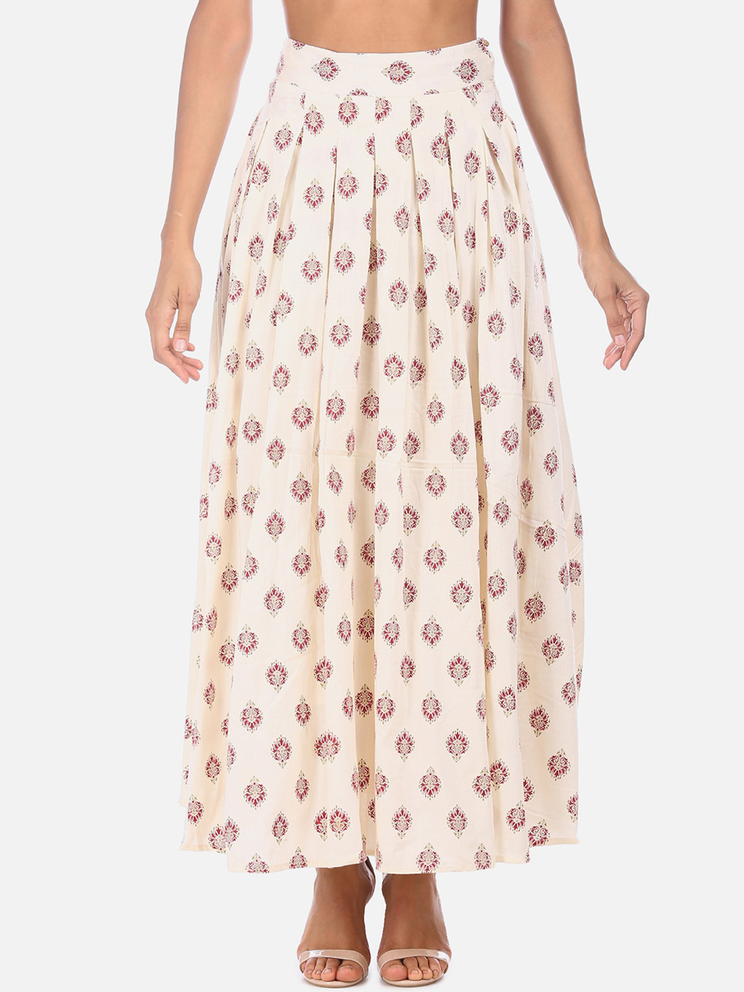 

Anahi Women Cream-Coloured & Red Ethnic Printed Flared Maxi Skirt
