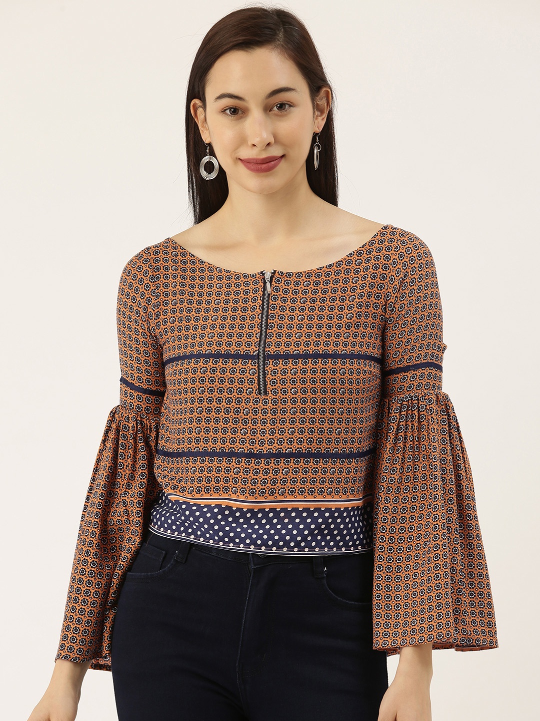 

Sheczzar Orange & Blue Floral Printed Bell Sleeves Regular Crop Top