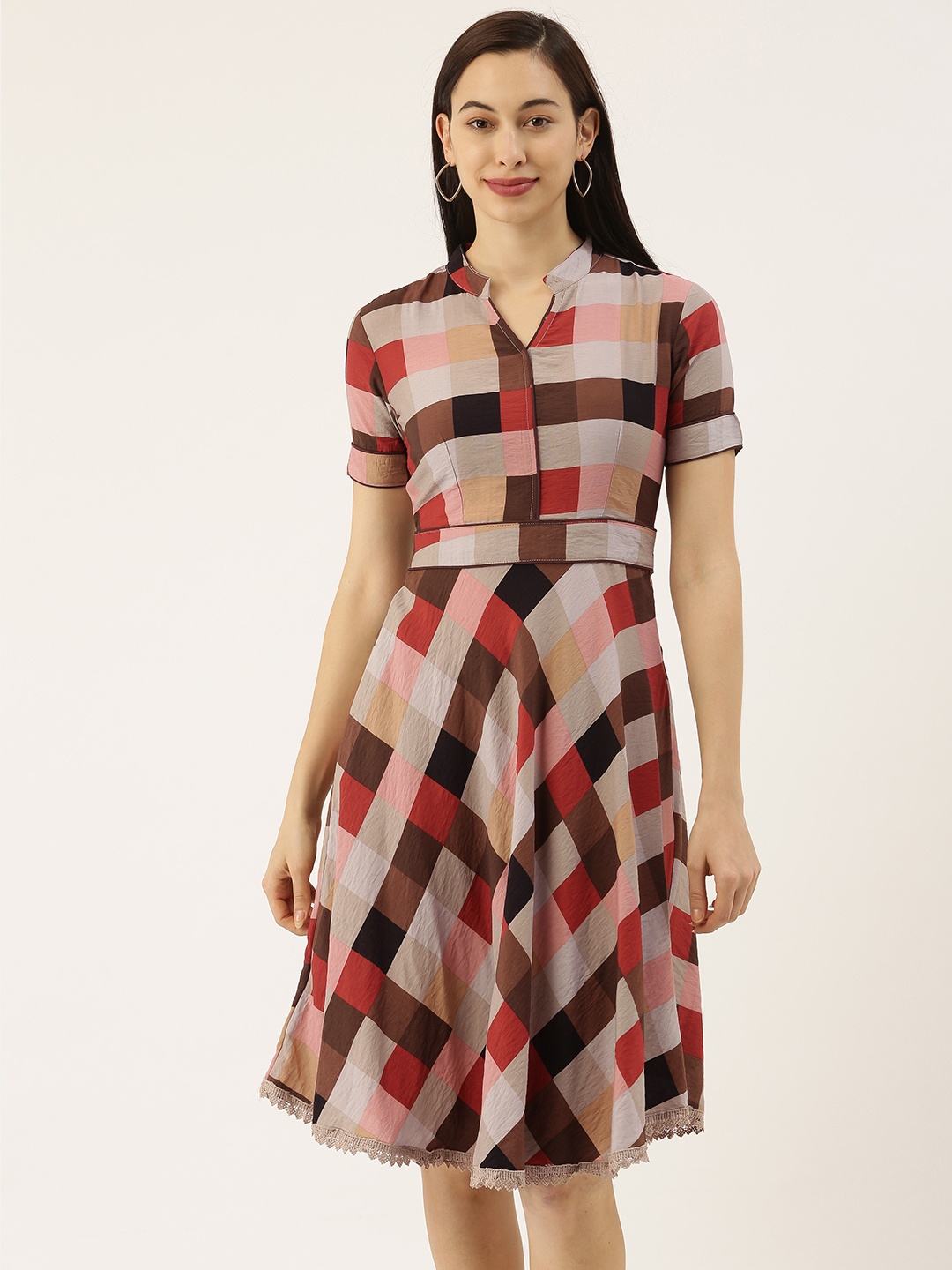 

SHECZZAR Women Multicoloured Checked Fit and Flare Dress with Lace Inserts, Multi