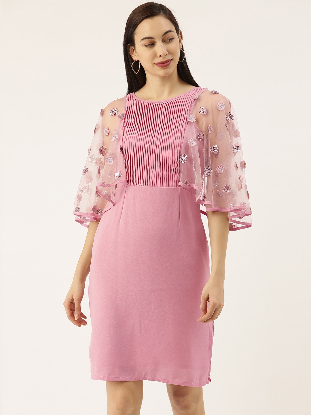 

SHECZZAR Women Pink Solid Cape Sleeved Sheath Dress with Embellished & Pleated Detail