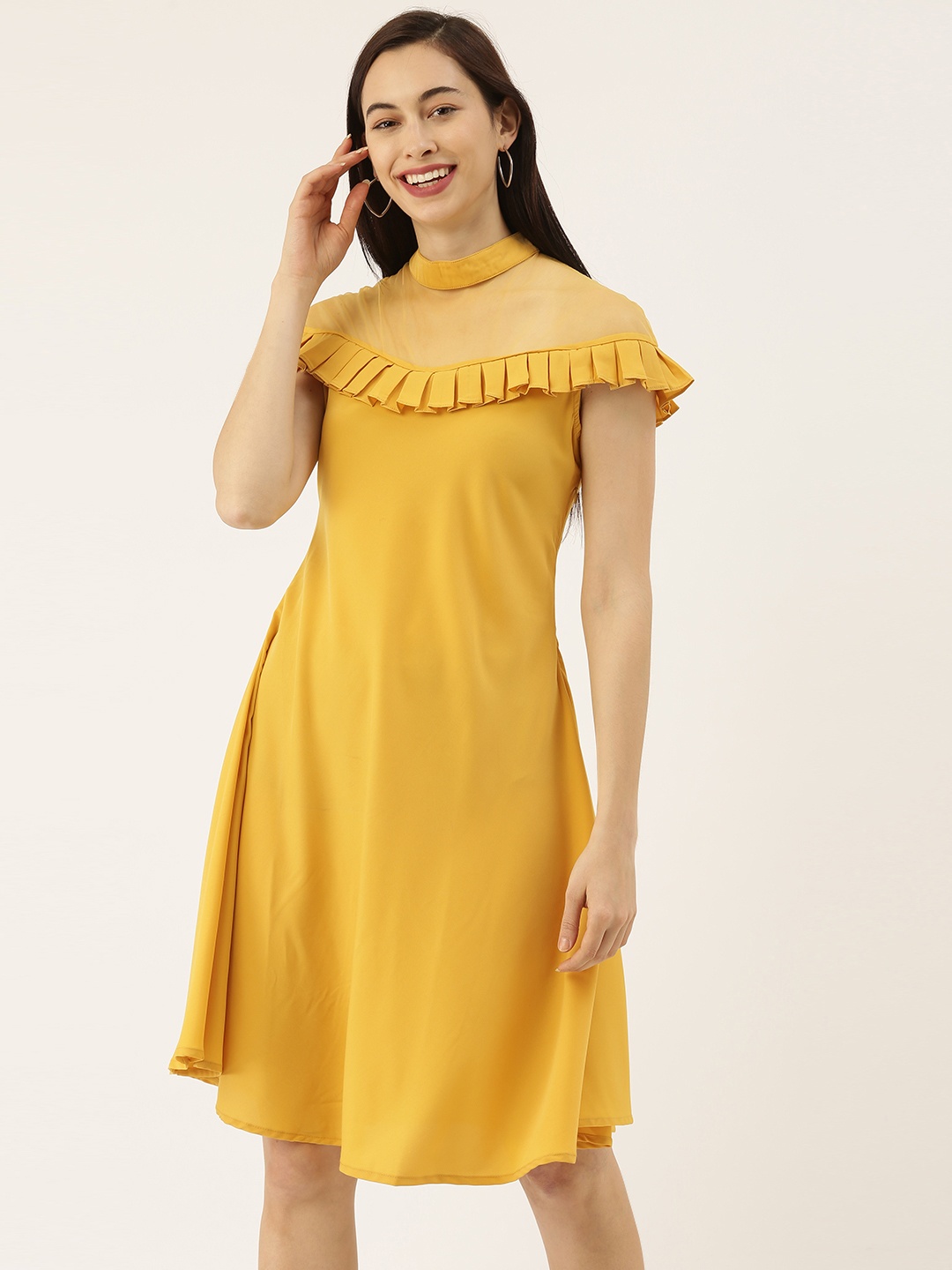 

SHECZZAR Women Mustard Yellow Solid A-Line Dress with Pleated Detail