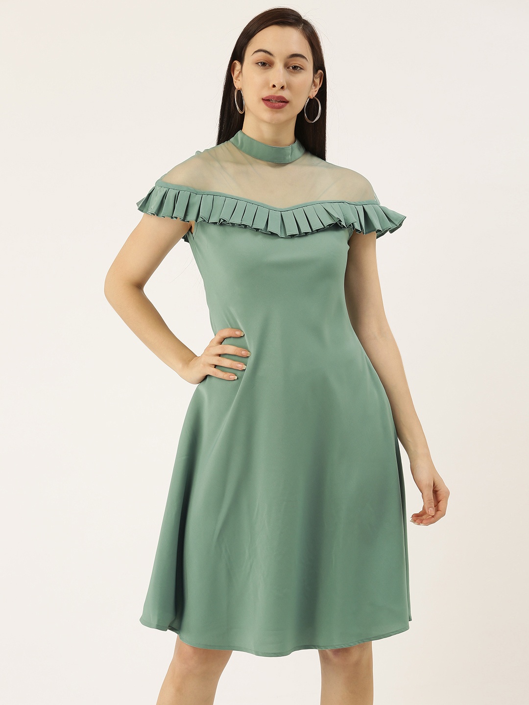 

SHECZZAR Women Green Solid A-Line Dress with Pleated Detail