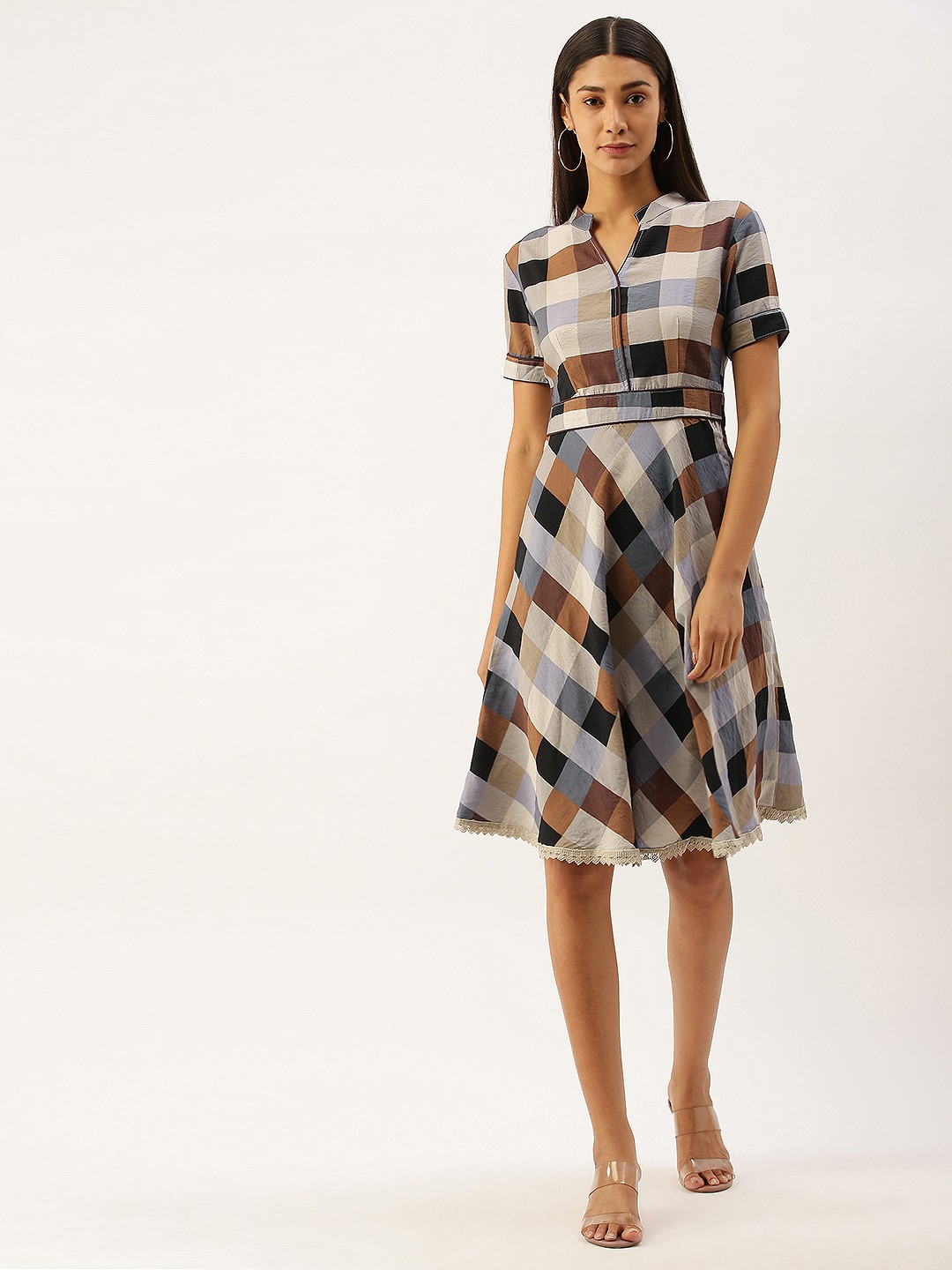 

SHECZZAR Women Multicoloured Checked Pure Cotton Fit and Flare Dress, Multi