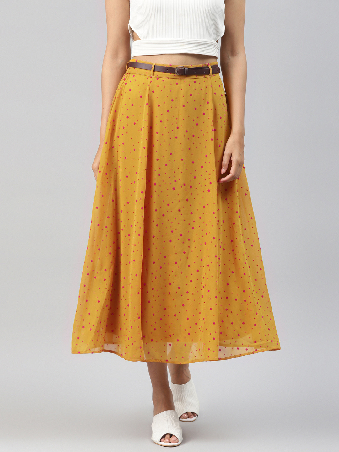 

SASSAFRAS Mustard Yellow & Magenta Geometric Print Flared Skirt