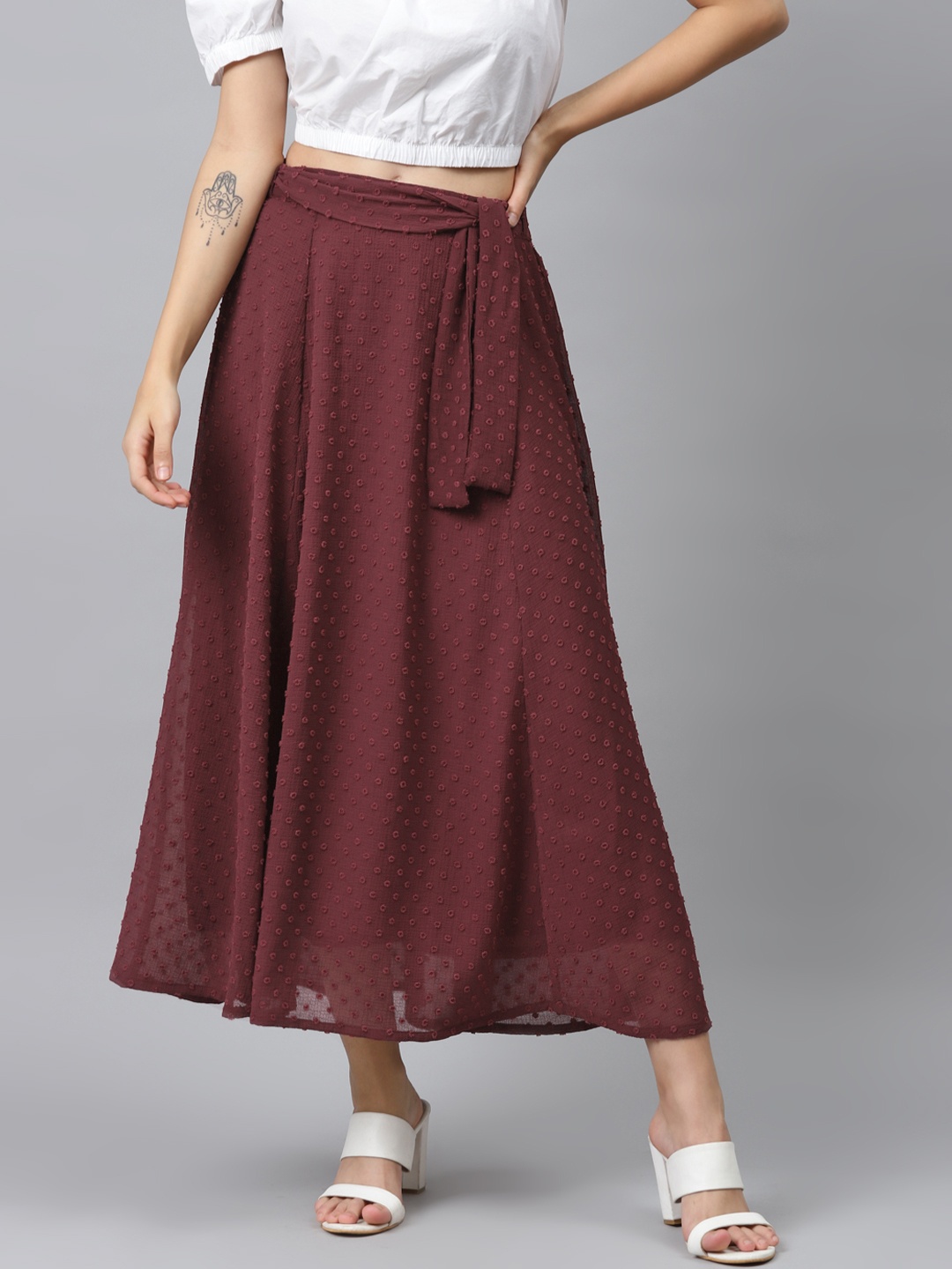 

SASSAFRAS Burgundy Dobby Weave Maxi Flared Skirt