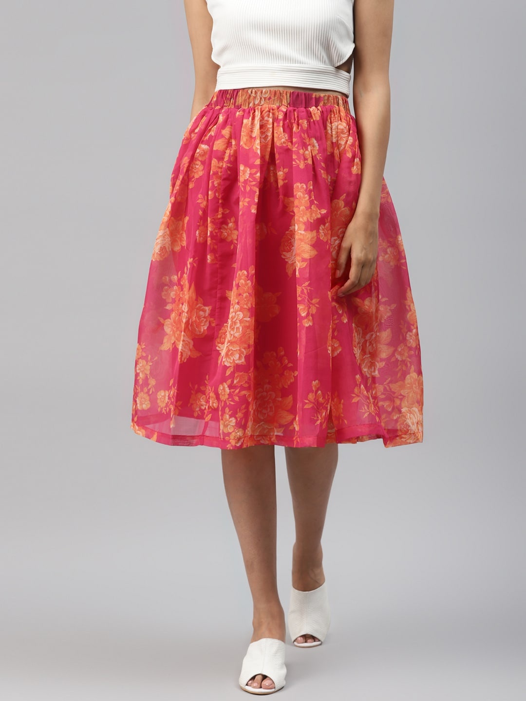 

SASSAFRAS Women Pink & Peach-Coloured Floral Printed Midi Flared Skirt