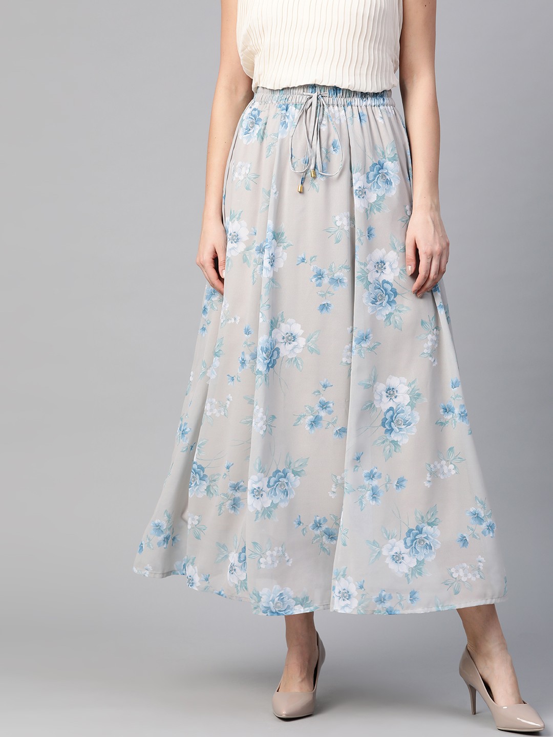 

SASSAFRAS Women Taupe & Blue Floral Printed A-Line Maxi Skirt
