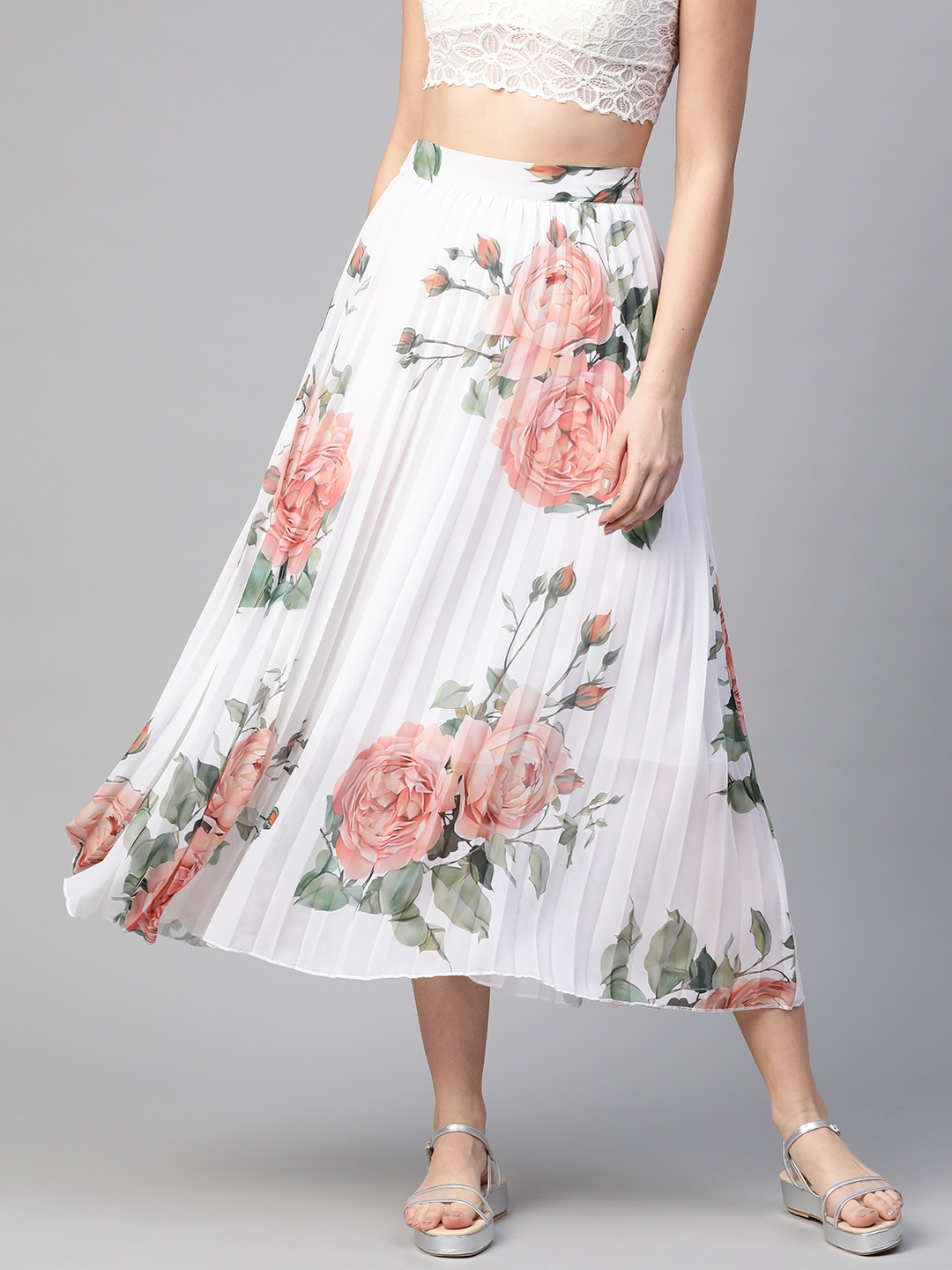 

SASSAFRAS White & Peach-Coloured Accordion Pleated Floral Printed A-Line Maxi Skirt