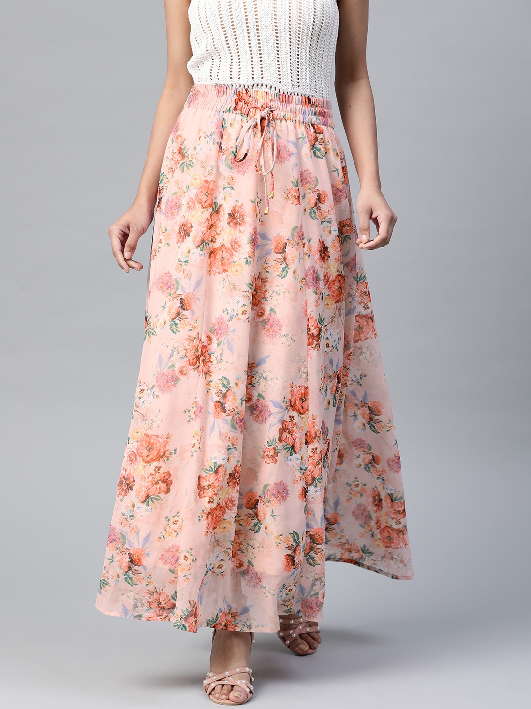 

SASSAFRAS Peach Coloured & Red Floral Print Maxi Flared Skirt