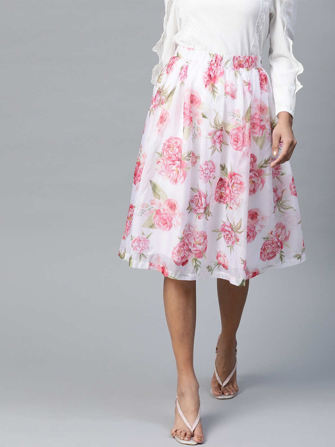 

SASSAFRAS White & Pink Floral Printed Midi Flared Skirt