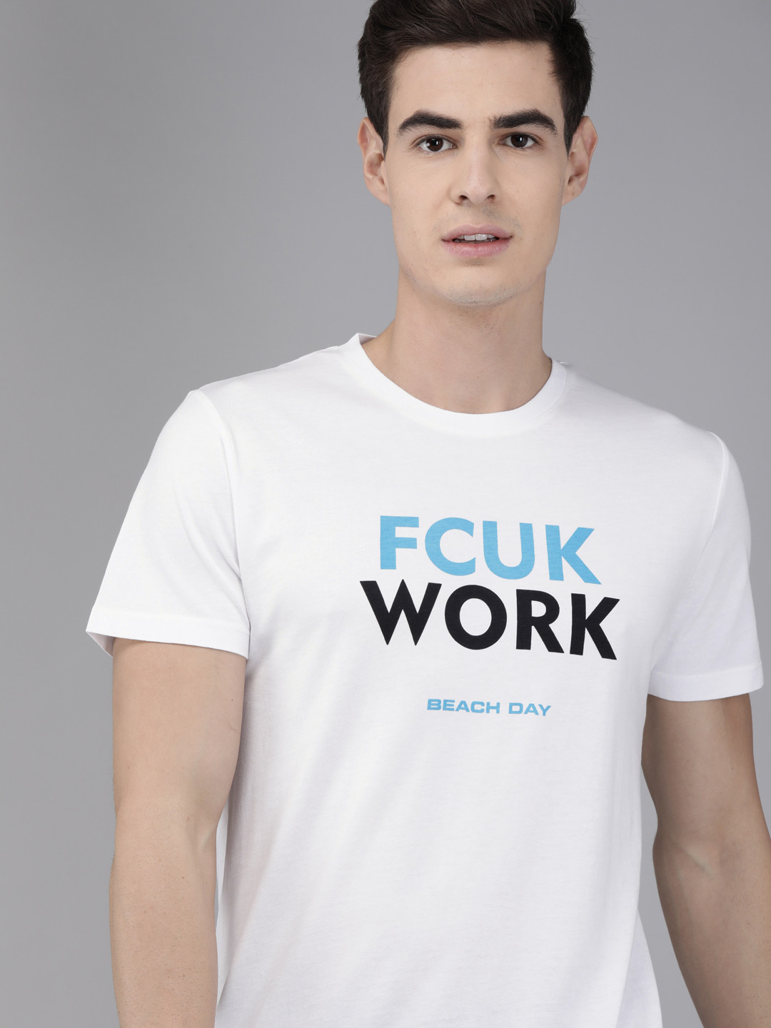 

French Connection Men White Printed Round Neck Pure Cotton T-shirt