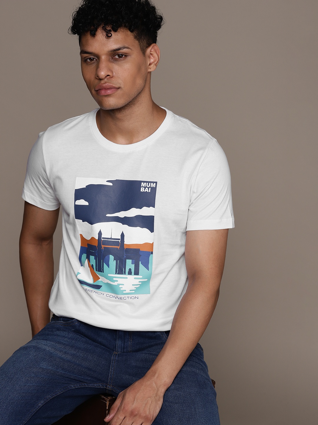 

French Connection Graphic Printed Pure Cotton T-shirt, White