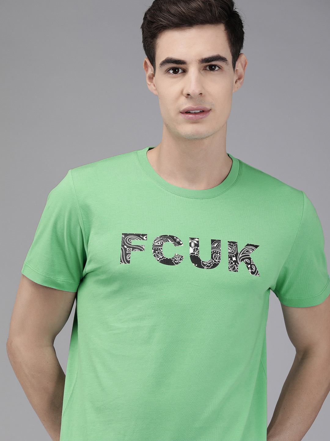 

French Connection Men Green Printed Round Neck Pure Cotton T-shirt