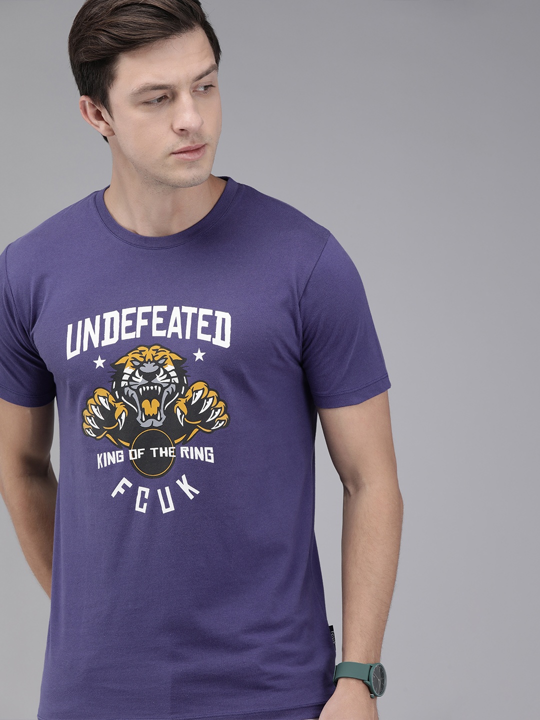 

French Connection Men Blue Printed Round Neck Pure Cotton T-shirt