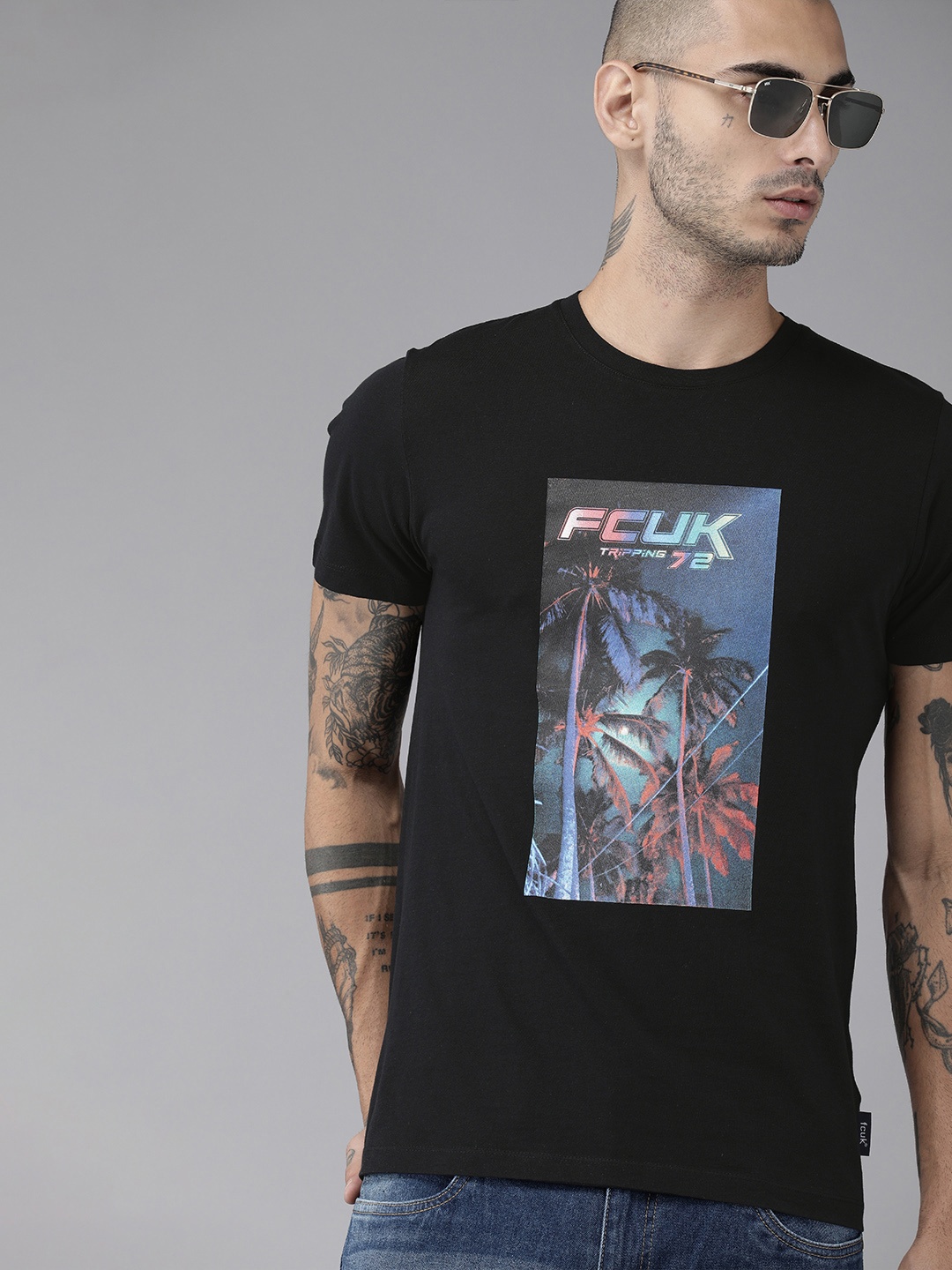 

French Connection Men Black Printed Round Neck Pure Cotton T-shirt