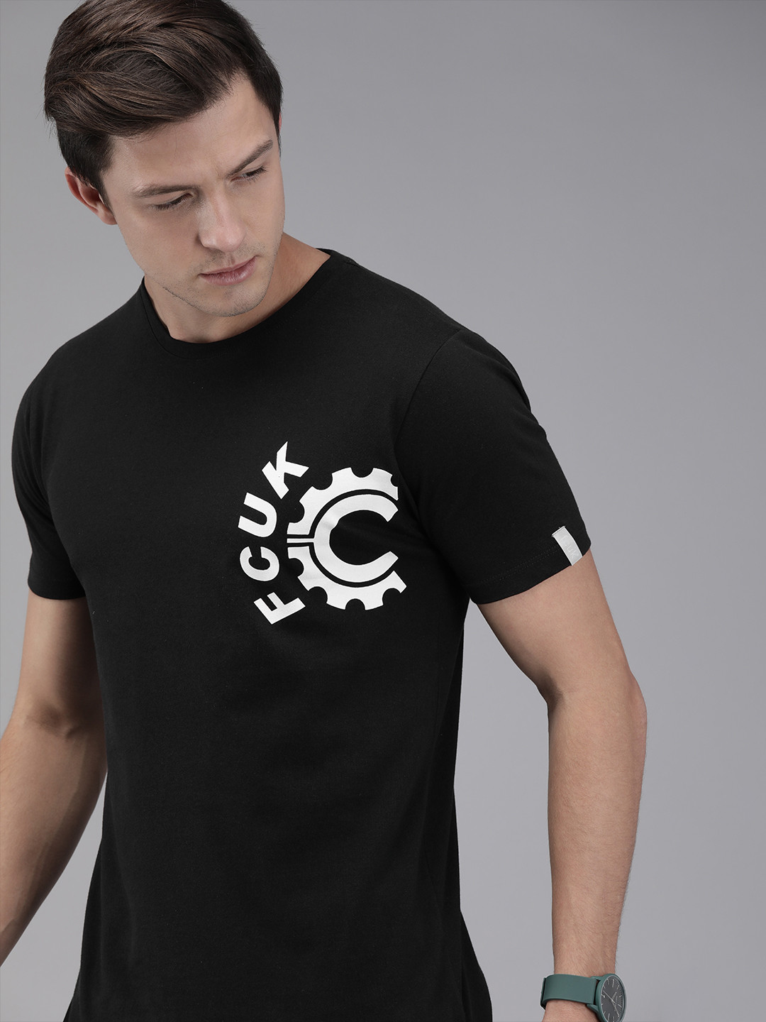 

French Connection Men Black Printed Round Neck Pure Cotton T-shirt