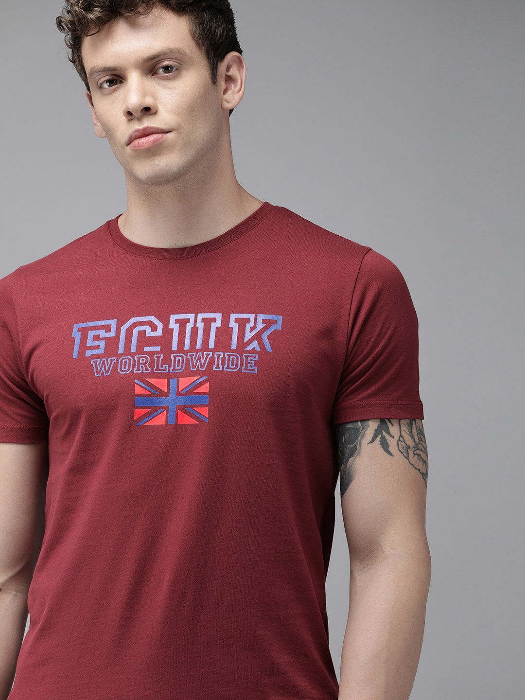 

French Connection Men Maroon Printed Round Neck T-shirt