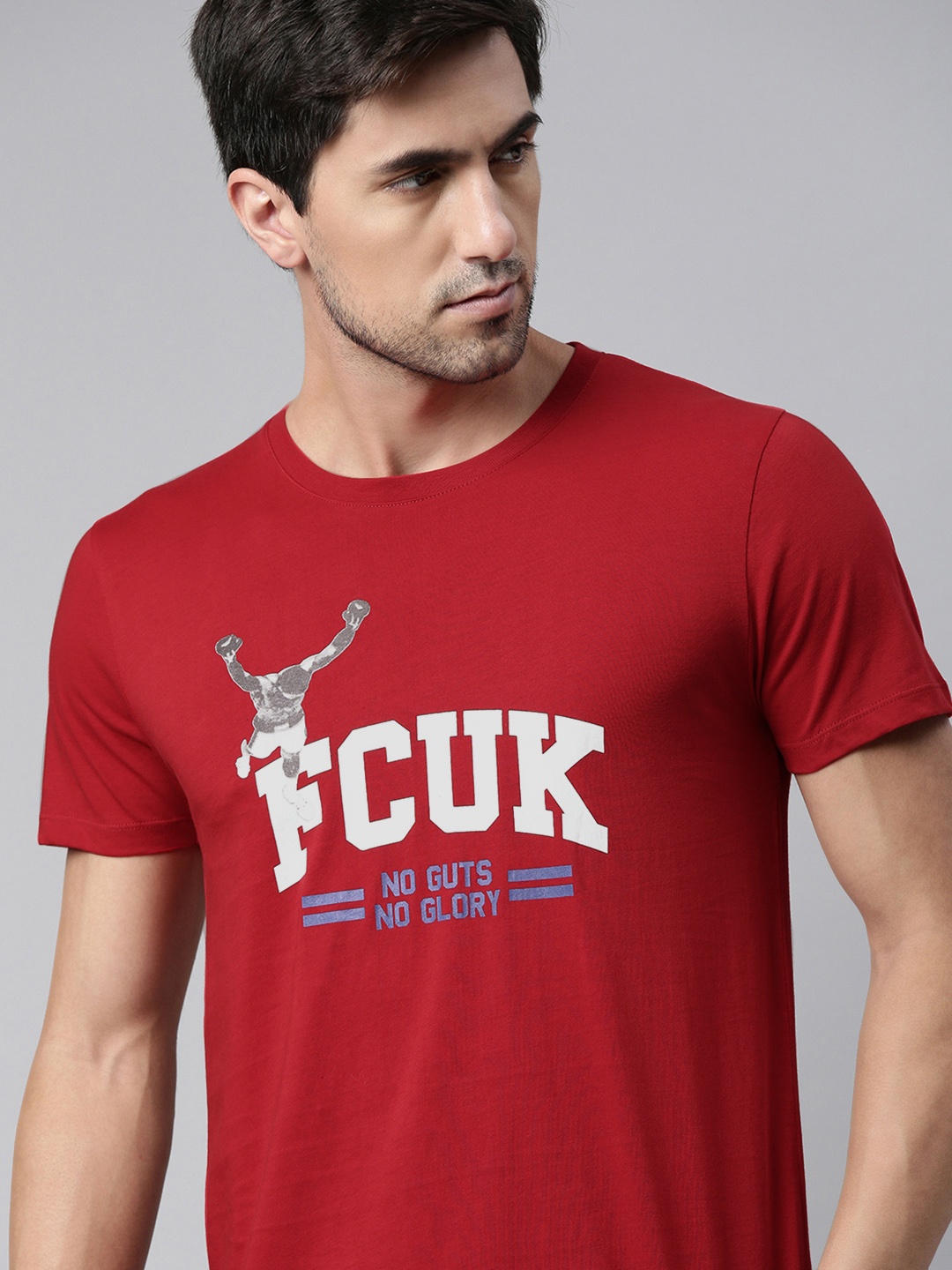 

French Connection Men Red Brand Logo Printed Slim Fit Pure Cotton T-shirt