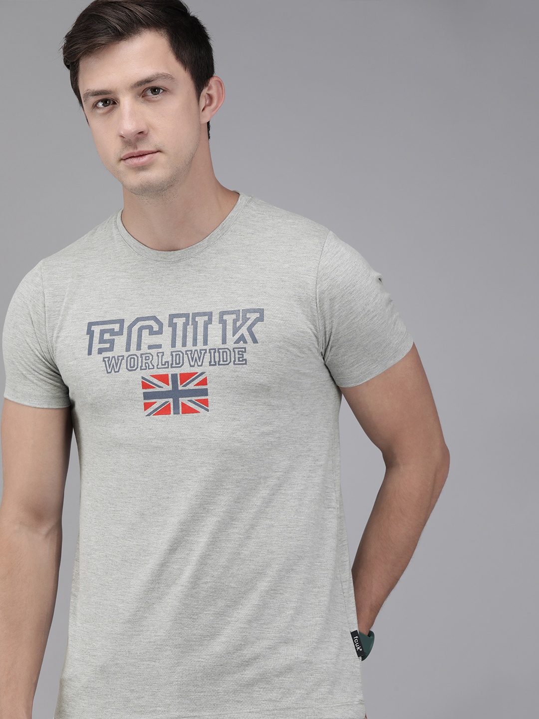 

French Connection Men Grey Melange Printed Round Neck T-shirt