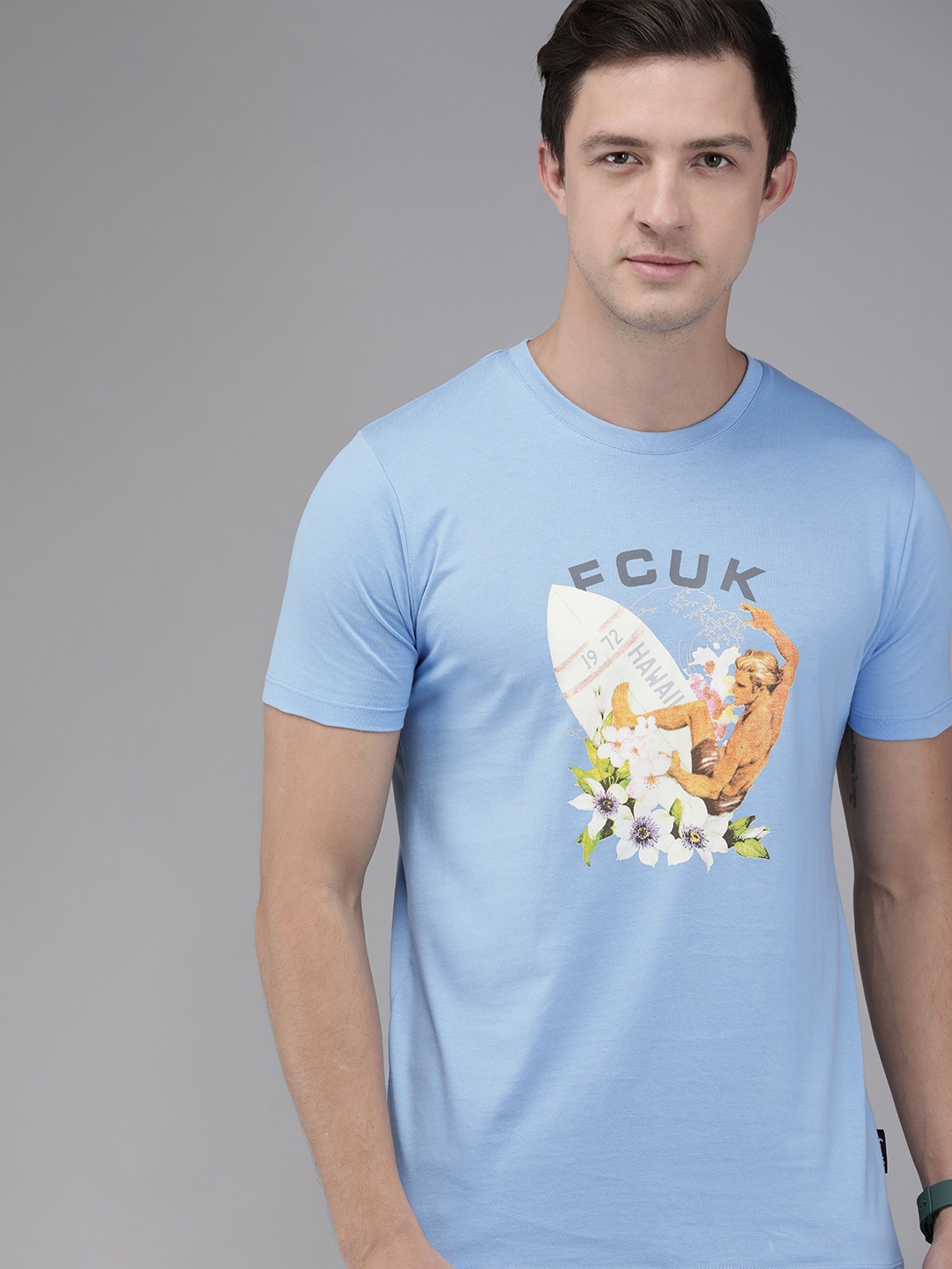 

French Connection Men Blue Printed Round Neck Pure Cotton T-shirt