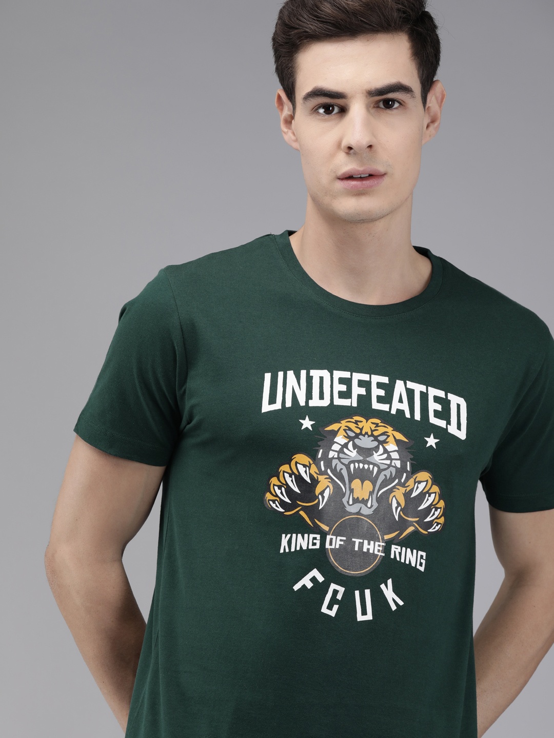 

French Connection Men Green Printed Round Neck Pure Cotton T-shirt