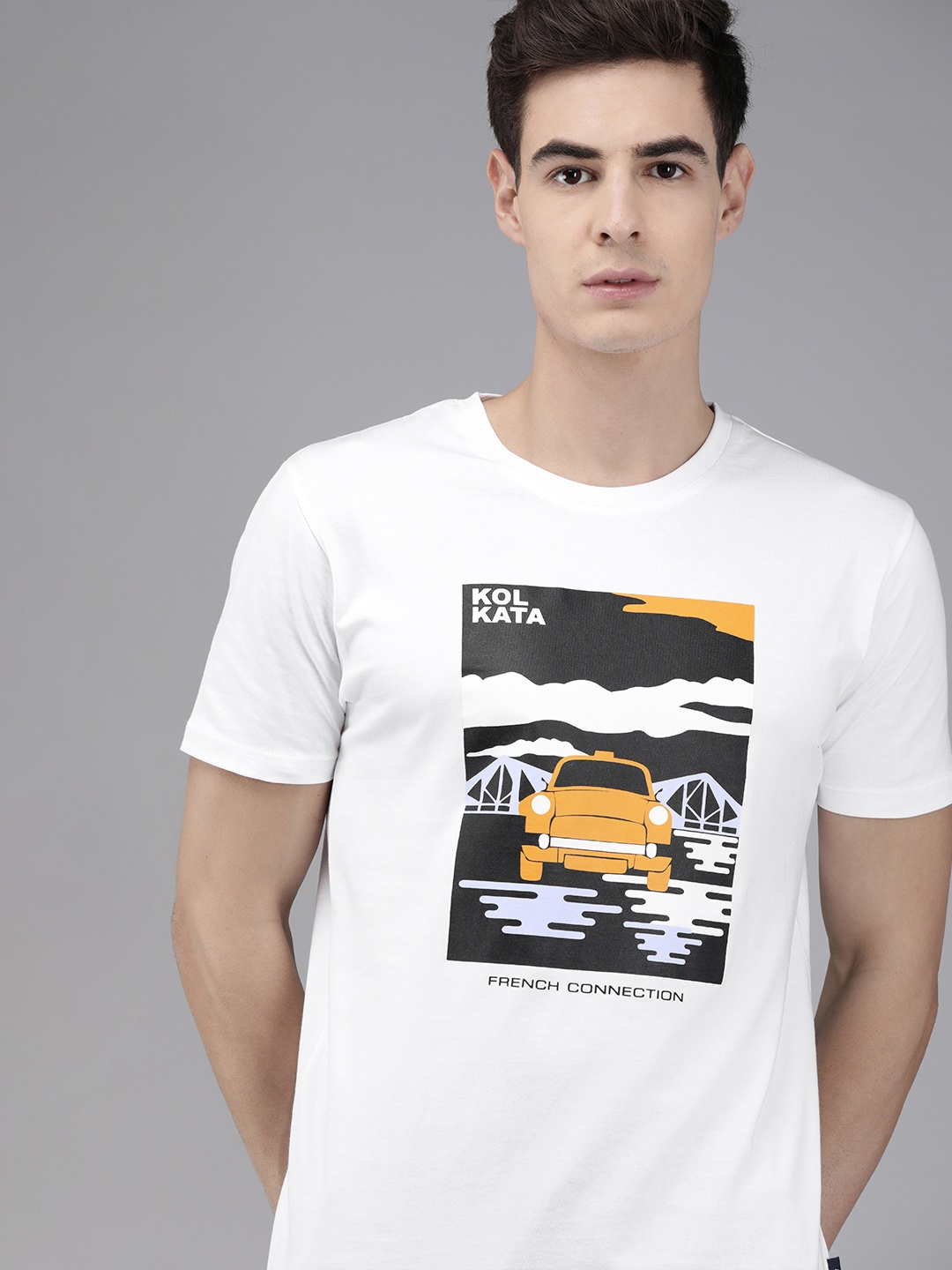 

French Connection Men White Printed Round Neck Pure Cotton T-shirt