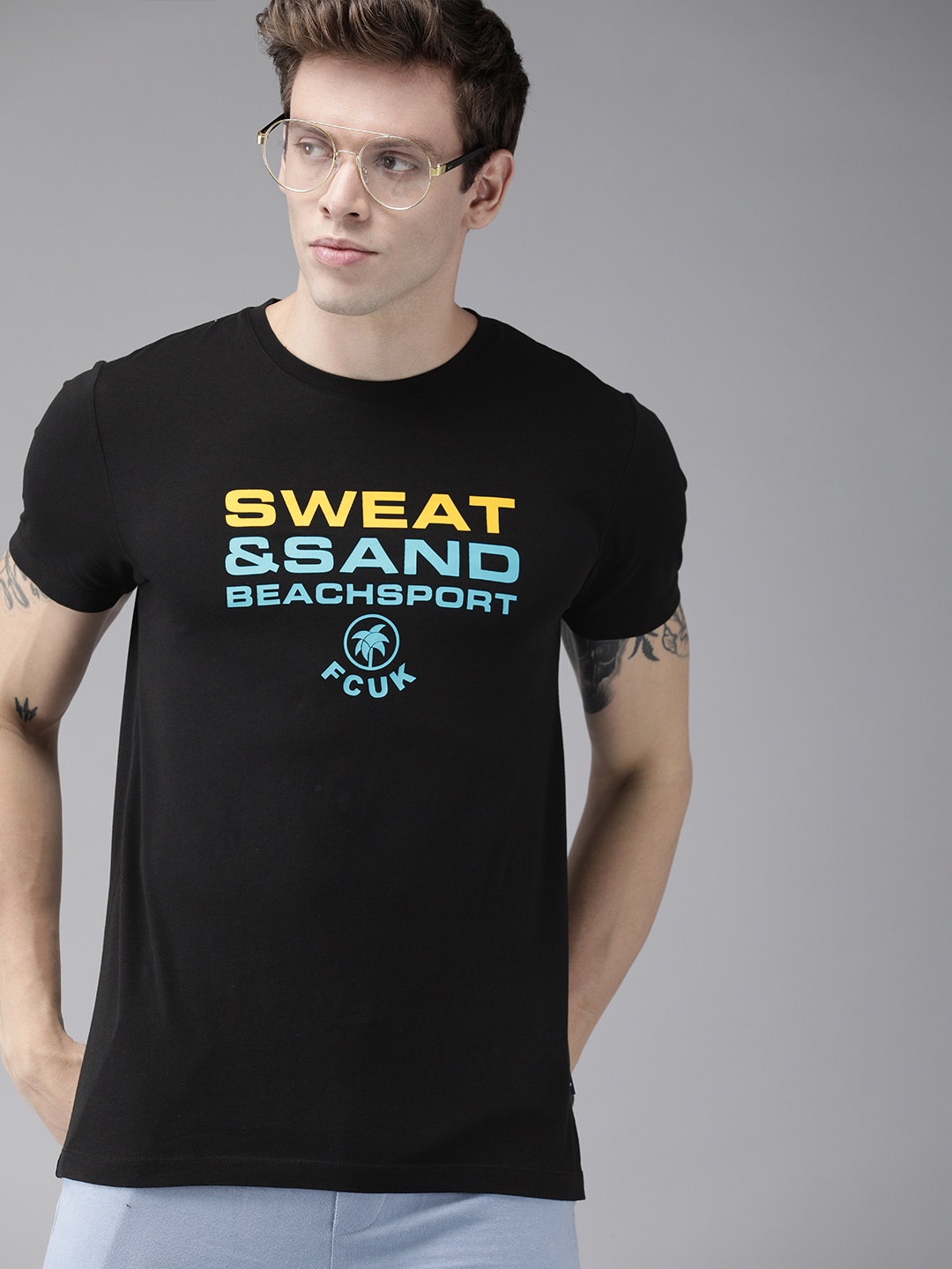 

French Connection Men Black Blue Printed Round Neck Pure Cotton T-shirt