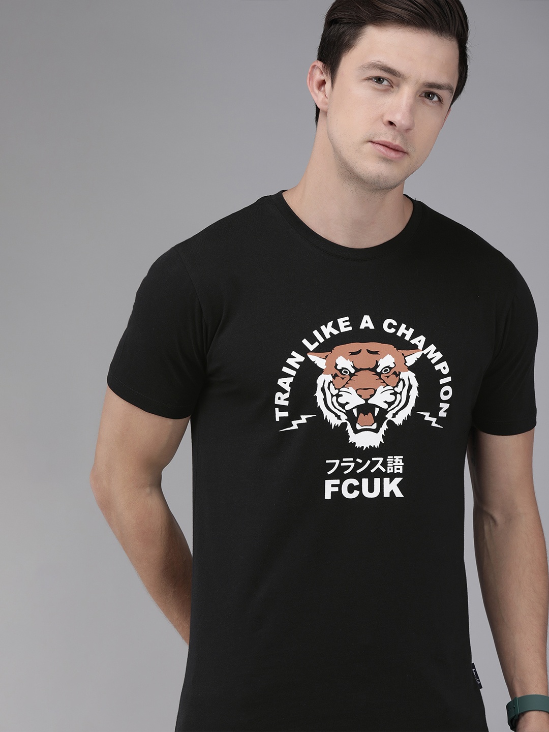 

French Connection Men Black Printed Round Neck Pure Cotton T-shirt