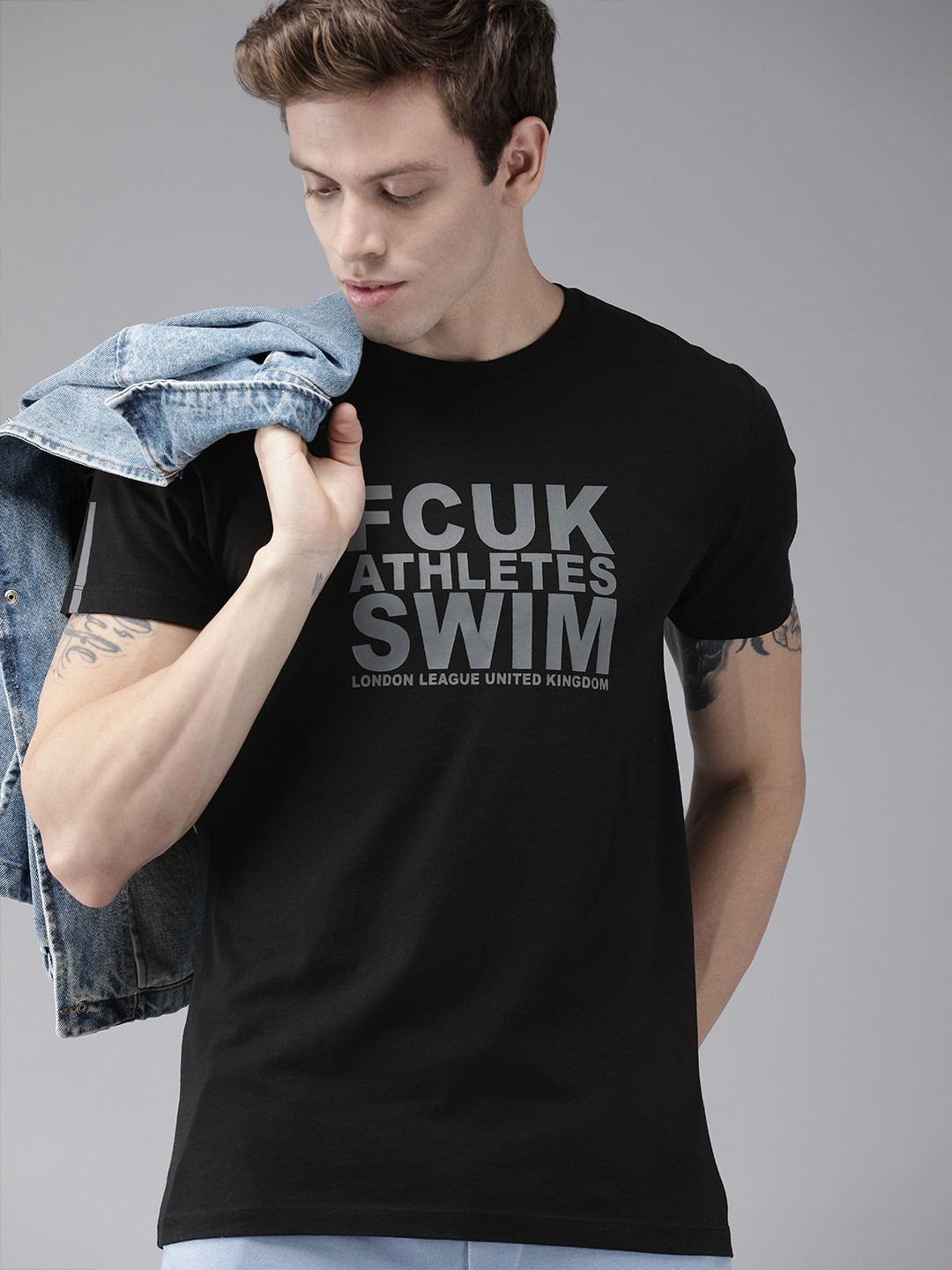 

French Connection Men Black Printed Round Neck Pure Cotton T-shirt