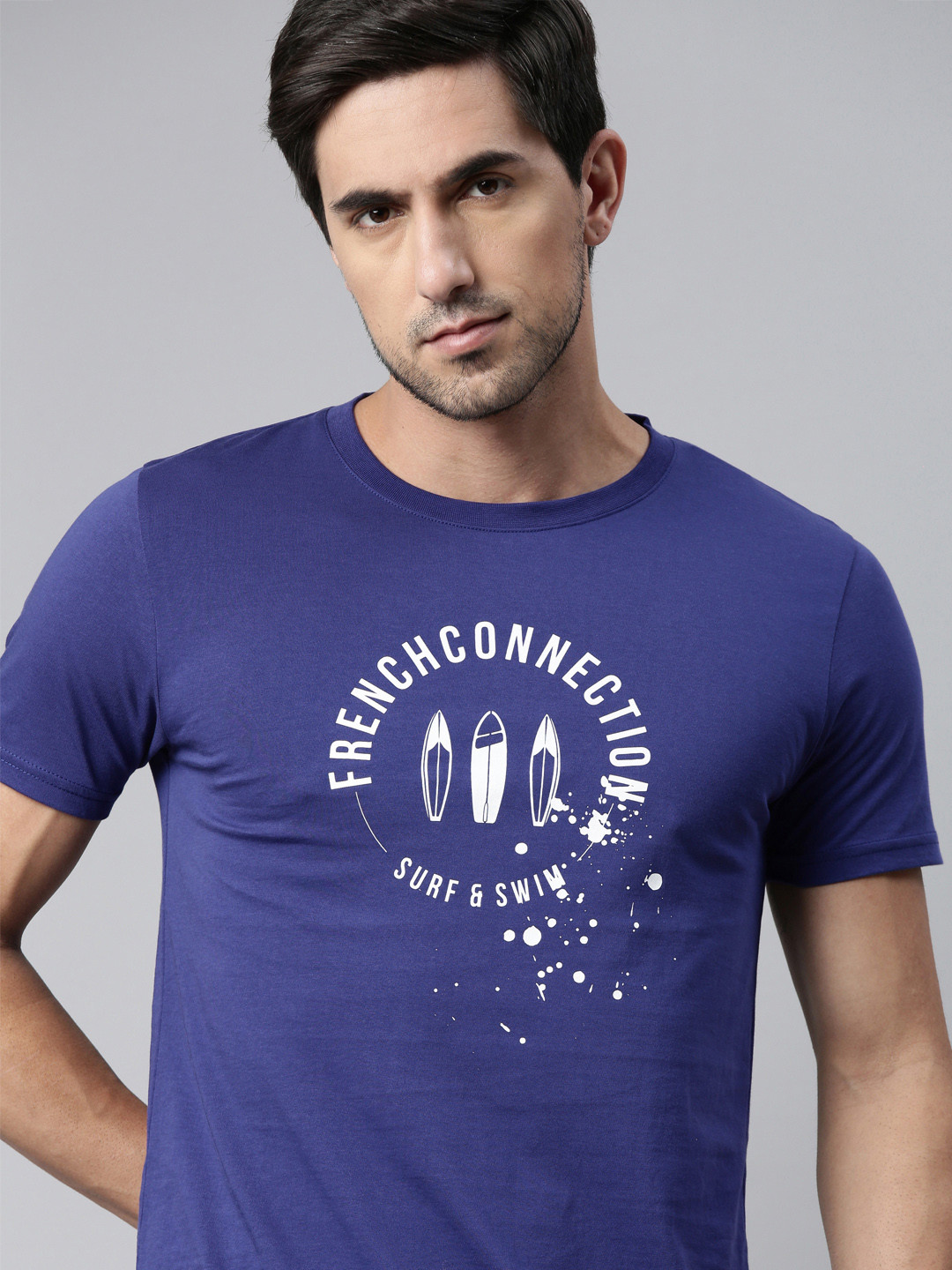 

French Connection Men Blue Typography Printed Pure Cotton T-shirt