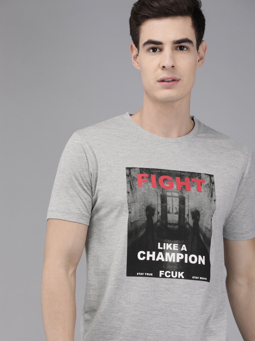 

French Connection Men Grey Melange Printed Round Neck T-shirt