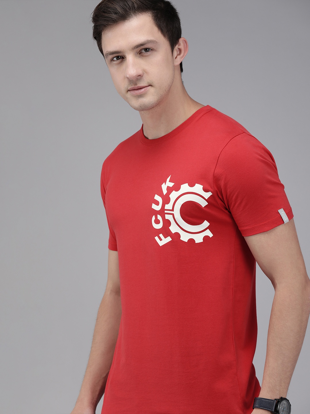 

French Connection Men Red Printed Round Neck Pure Cotton T-shirt