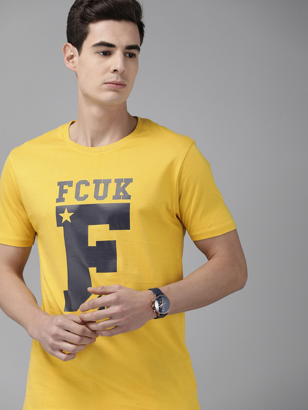 

French Connection Men Mustard Yellow Printed Round Neck Pure Cotton T-shirt