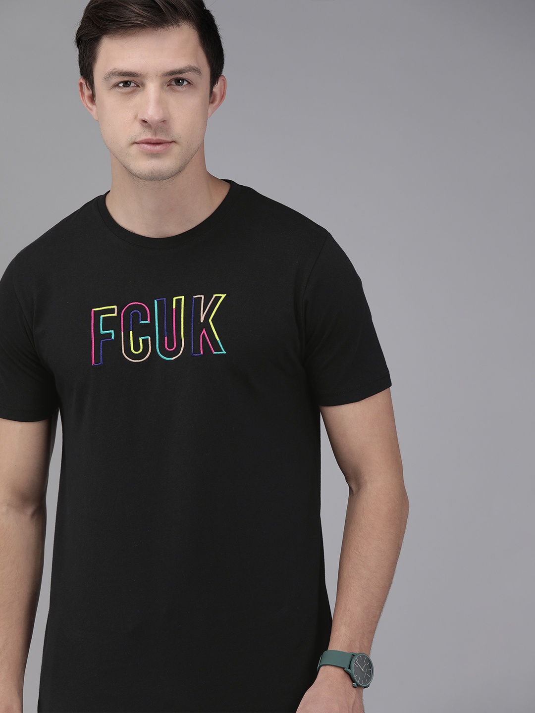 

French Connection Men Black Embroidered Round Neck Pure Cotton T-shirt