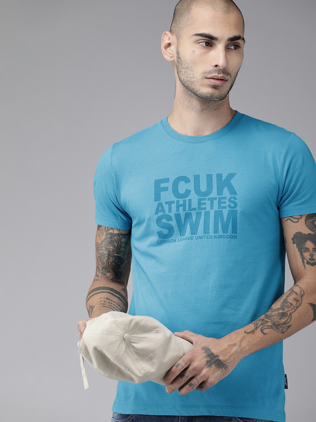 

French Connection Men Blue Printed Round Neck Pure Cotton T-shirt