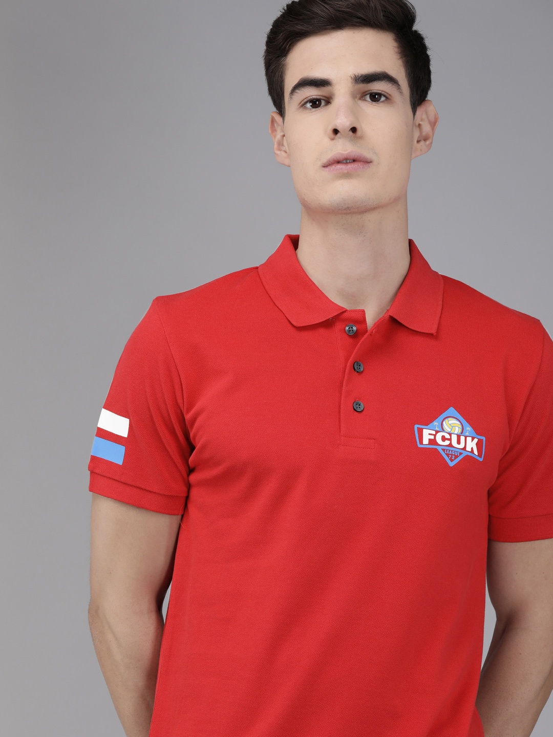 

French Connection Men Red Solid Polo Collar Pure Cotton T-shirt With Printed Detailing